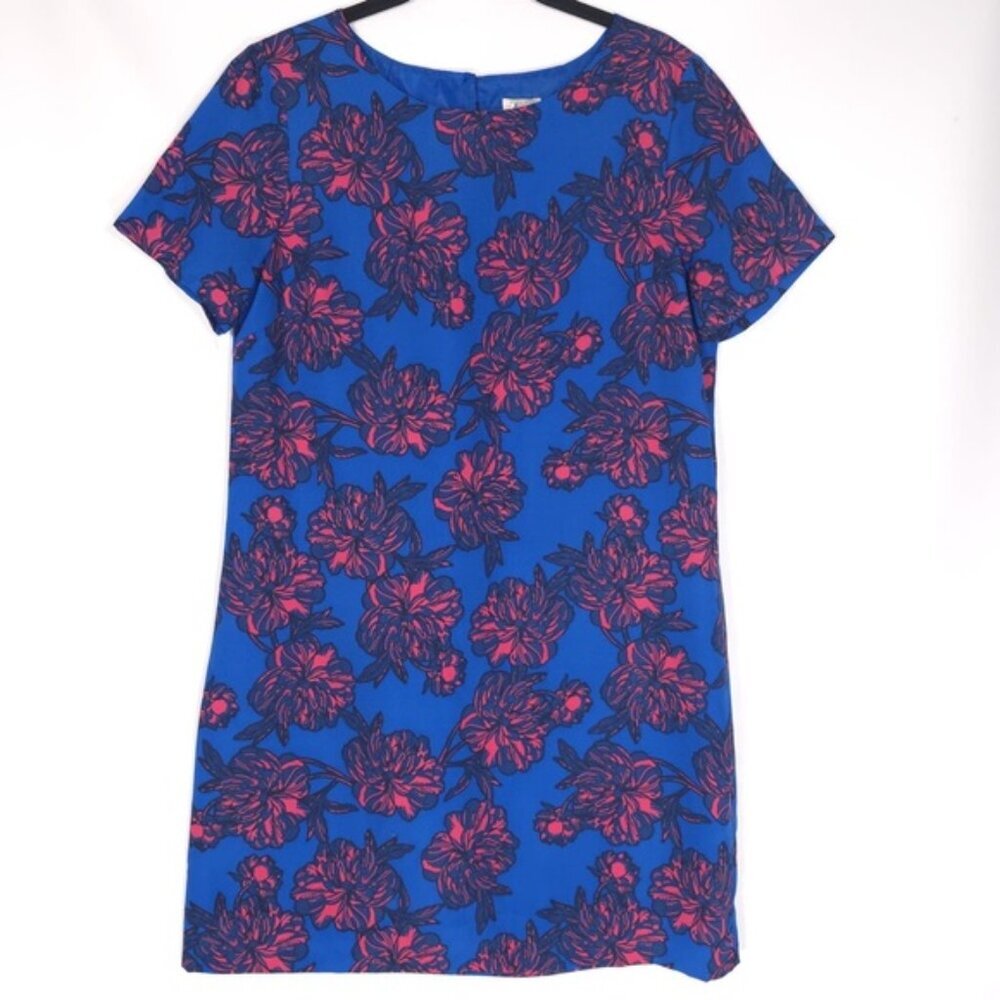 J.Crew Blue Pink Floral Short Sleeve Shift Mini Dress Style C5608‎ Size 8